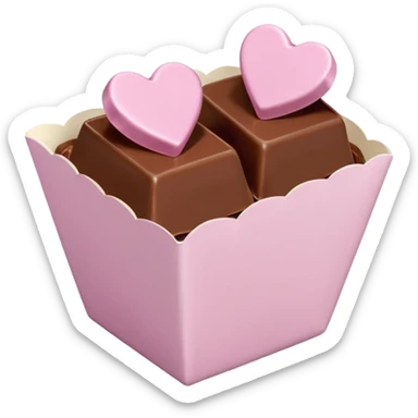 Two square milk chocolate , Each praline is a sharp-edged cube with smooth glossy chocolate coating, placed in a small white fluted paper candy cup. On top of each cube is a flat pastel pink heart-shaped icing sticker