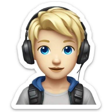 Blonde Short hair Gamer kid with blue eyes with headset and gamepad with neon Lighting sticker