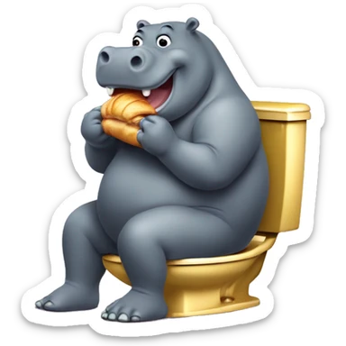 Fat hippopotamus eating a moly croissant while sitting on a golden toilet sticker