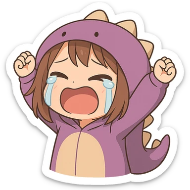 Chibi anime style gamer girl with glasses, brown hair, dark purple eyes, wearing a purple dinosaur costume, new pose with arms up in excitement, making a crying expression, no controller, no background, same style as reference. sticker