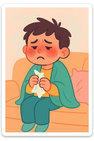 a sick child with flushed cheeks, holding a tissue, sitting on a couch, pastel illustration sticker