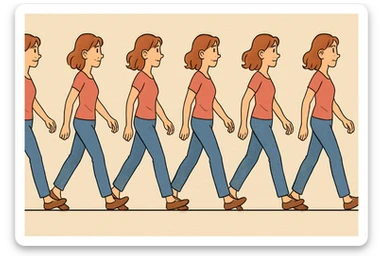 animated sequence of a woman walking on a horizontal runway, showing step-by-step frames of her walking motion, clear and expressive style sticker