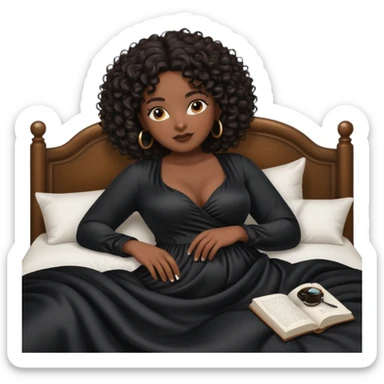 black woman bigger breast emoji curly hair darker. make her a little older. make her lying down in bed. bigger breasts black clothes sticker