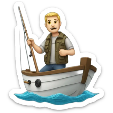 White man on a boat heading right with a fishing rod with a huge hook sticker