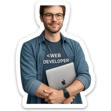 web developer, brown hair, arms folded, MacBook in arms, casual outfit, tech vibe, relaxed, professional sticker