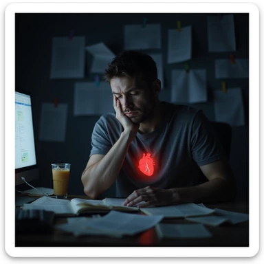 realistic exhausted man at desk late night, paperwork everywhere, energy drinks, glowing monitor, face shows fatigue, dark circles, hunched posture, faint red glow on heart, moody burnout health risk visual sticker