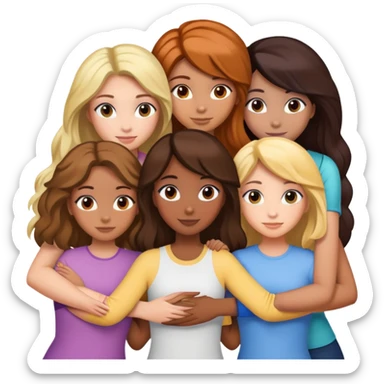 six girl friends, arms around each other, with the specified hair, eye, and skin color diversity sticker