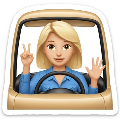 blonde woman driving car. one hand up Happy face confidence sticker