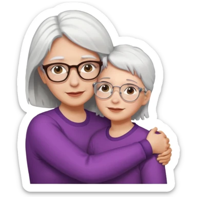 Abrazo de Madre con pelo blanco y gafas y hija con pelo morena sin gafas sticker
