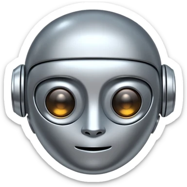 A cute futuristic robot emoji made of silver chrome, rounded friendly body, minimal facial features, glossy metallic surface, soft reflections, iOS emoji style, centered, clean white background sticker