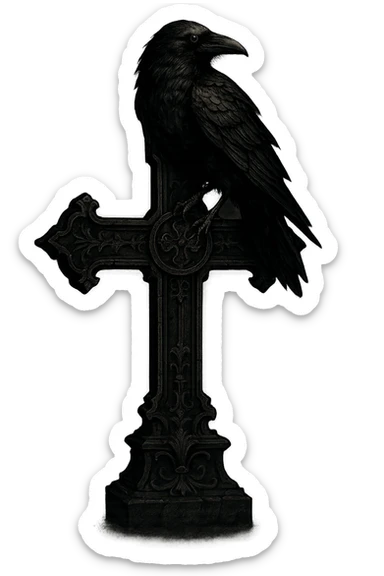 gothic style cross with a raven perched on it, dark gothic atmosphere, transparent background sticker