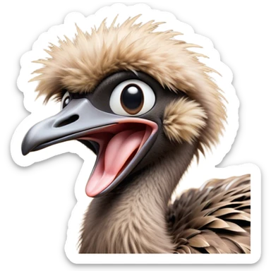 Cinematic Cute Yawning Emu Portrait Emoji, Head tilted slightly with a dramatic, wide-open yawn, showcasing a soft, downy brown plumage with gently drooping feathers and eyes barely open in drowsy contentment, Simplified yet irresistibly adorable features, highly detailed, glowing with a soft, cozy glow, high shine, relaxed yet expressive, stylized with a touch of outback charm, bright and endearing, soft glowing outline, capturing the essence of a sleepy yet affectionate emu, so drowsy it feels like it could stretch out of the screen and curl up for a nap! sticker