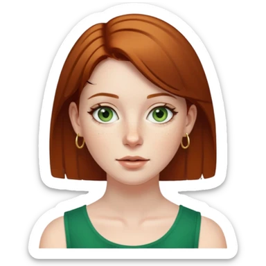 Attractive English woman with a narrow face, pale skin, freckles, short straight amber-brown hair and gold hoop earrings and green eyes sticker