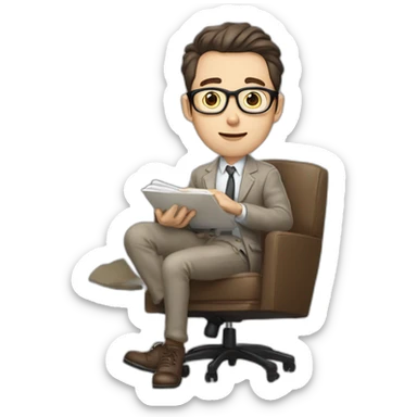 Fooling showing his tongue Pale skinned Fit Man With dark brown hair in gray jacket, beige office shirt, Brown pants and vintage glasses sitting In a soft chair with a notebook and a pen sticker