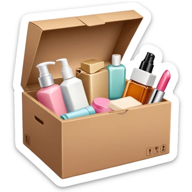 a cardboard box with assorted beauty products like compact, lotion, and nail polish spilling out sticker