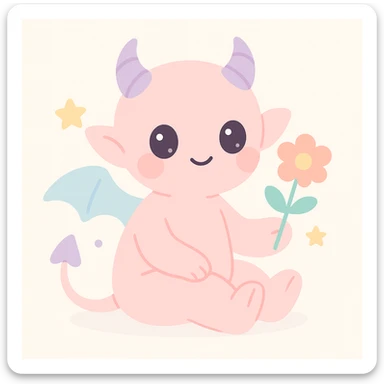 a gentle imp holding a flower, sitting peacefully, soft lighting, friendly vibe, calm and serene sticker