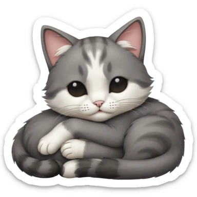 dark grey and white small cat with eyes closed, leaning his head on his paw while leaning on his elbow lying down sticker