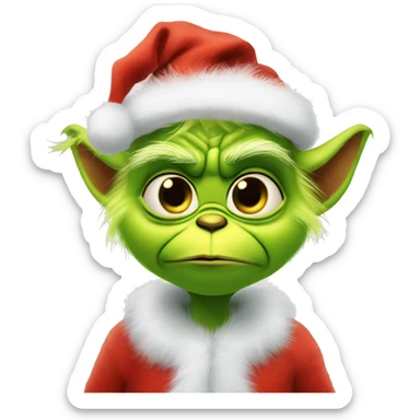 Soft cuddly baby grinch like character with cute expression fuzzy costume and Santa hat sticker