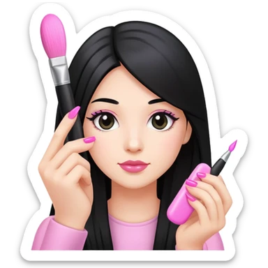 Pink Nail Tech with black long hair holding small acrylic brush sticker