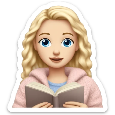 Pretty blue eyed white girl with light pink sweater reading cozy sticker