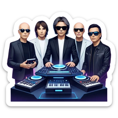 Icon for Electronic Music: Jean-Michel Jarre, Moby, DJ Tiesto, and Jorn van Deynhoven performing with synthesizers, turntables, and futuristic lighting effects. The design should evoke the vibrant and immersive atmosphere of electronic music festivals. Transparent background. sticker