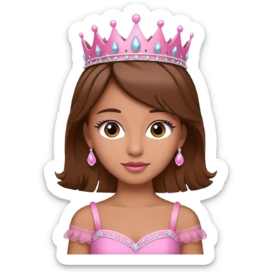 A pretty princess emoji with eye lashes, tan skin and brown hair with a pink dress and tiara  sticker