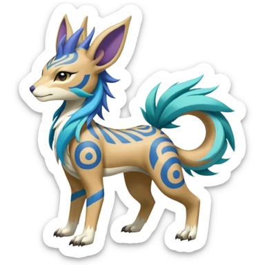 Tropical Tiny Marked Patterned Tribal Colorful Skilled Adept Graceful Asian Painted WereGarurumon-Suicune-Linoone-Meloetta-fusion-hybrid-creature (full body) sticker