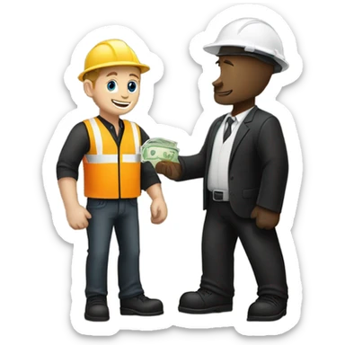 A white guy in a black suit receiving money from a construction worker sticker