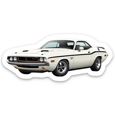 Sleek white 1971 Dodge Challenger, simplified design, complete white color scheme, slight angle showing front and side, detailed but minimalist, iOS emoji style sticker