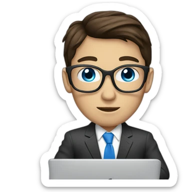 brunet with blue eyes wearing suit typing on a MacBook sticker