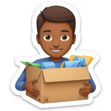 Generate a realistic emoji-style icon of the a person clever packing a package. That he´s clever by packing a box has to be easily noticed. sticker