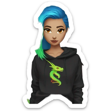 Lady with brunette and iridescent blue hair, gold, lime green dragon wings, black hoodie, bleach dyed, black and gold Nike t shirt, and bright red eyes sticker