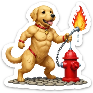 A rock creature gets into a fight with a fish that has grown human legs and arms while they are fighting. A dog stands with a fire hydrant. sticker