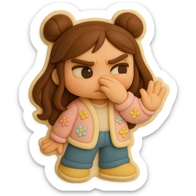 3D chibi fondant cake art style, high-quality rendering with smooth shadows and soft gradients. Girl based on reference image with preserved facial features and eye shape, long brown hair in two space buns, brown eyes, jeans, pastel floral cardigan, shoes, thick white outline like a sticker. Waving her hand in front of her nose like 'ew, it stinks'. Ensure the face, hairstyle, eye shape, and shoes match the reference exactly. sticker