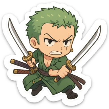 Zoro from One Piece in chibi cartoon style, action pose, swords drawn, determined face sticker
