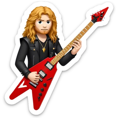 Create a bold and dynamic emoji representing the Epiphone Dave Mustaine Flying V Custom electric guitar. The design should feature the sharp, iconic V-shaped body of the guitar, with a custom finish reflecting Dave Mustaine’s signature style. Add intricate details like gold or chrome tuning pegs and pickups, with subtle graphics or patterns that reflect the aggressive, heavy metal aesthetic. Use a color palette of black, gold, and red, with a touch of metallic sheen for the high-end finish. The background should be transparent to emphasize the guitar's iconic shape sticker