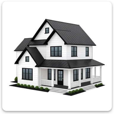 modern farmhouse with white siding, black roof and black trim, exterior view, 3d sticker