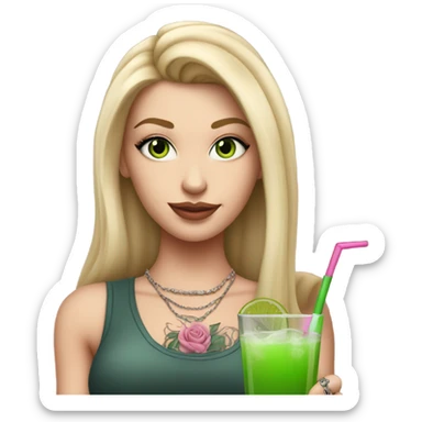 Realistic White girl with Long straight blonde hair, green eyes, tattoos, full body wearing dress and High heels, holding pink drink sticker