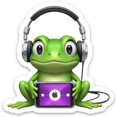 A cute green cartoon frog sitting with a neutral expression, wearing large black over-ear headphones. The frog is connected by a wire to a small, classic-style iPod with a purple screen, placed in front of it. The background is a dense black-and-white noise pattern resembling TV static. sticker