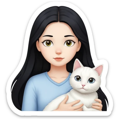black hair girl with long hair white cat sticker