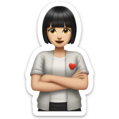 white girl with black hair and bangs holding up heart hands  sticker