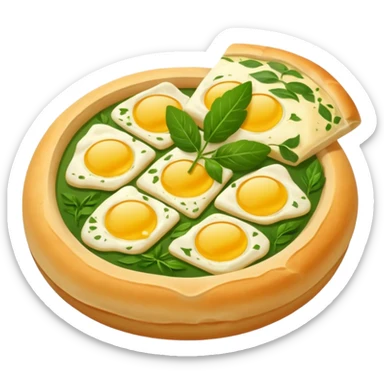 Georgian cuisine avatar in bright emoji-style illustration. Khachapuri and herbs, rich golden and green colors, simple shapes, flat design, strong character. Without human sticker
