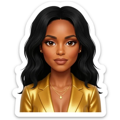 Kelly Rowland with black hair, gold outfit sticker