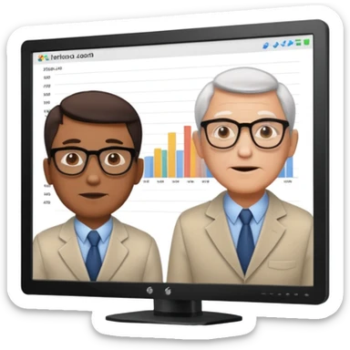 teaching somebody else in person, in the same place, watching the same monitor together, the trainee and trainer are in the similar age, two both are men, the monitor should be showing some data graphs sticker