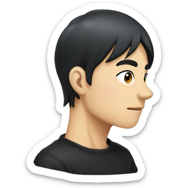 Create an emoji of a slime anime character in profile view, with a serious expression, black short hair, wearing a black shirt,  The background should be a simple light grey circle. sticker