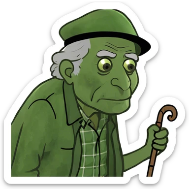 Old man leaning on a walking cane and holding his crancky back with his hand, grumpy face, detailed sticker