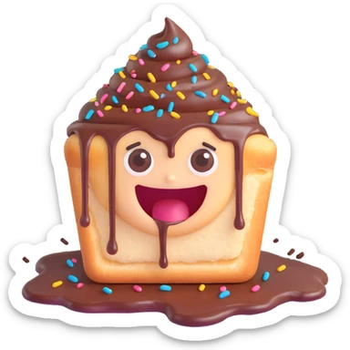 Rectangular chocolate mini pastry, messy chocolate dripping, sprinkles flying, surprised eyes, open mouth, text above: "ПАСТИЧКА", chibi style, Twitch emoji style, transparent background, colorful
 sticker