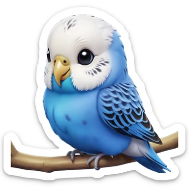 cinematic-cute-blue-budgie-portrait-emoji,-head-tilted-playfully-and-inquisitively,-featuring-a-brilliant-blue-feathered-fur-and white and black feathered face-with-a-natural-sheen,-round,-sparkling-dark-eyes-filled-with-curiosity,-simplified-yet-irresistibly-adorable sticker