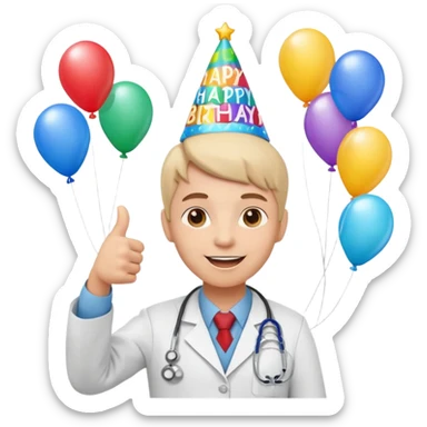 cute doctor character giving a thumbs up, surrounded by birthday decorations and a 'Happy Birthday' banner sticker
