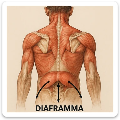 vista posteriore del busto umano con muscoli del collo e scapole in tensione, diaframma bloccato indicato con frecce, didascalia in italiano sticker